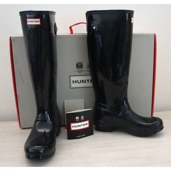 Hunter Men Sz 4 WMNs 5 Black Original Back Adjustable Gloss Tall Rain Boots - Picture 1 of 16